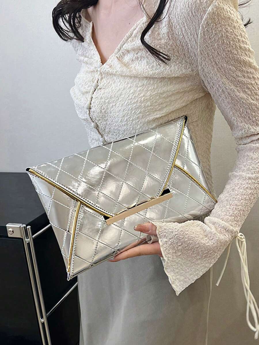 菱形圖案信封包銀前衛金屬裝飾手拿包 - 銀色 - 查看 1