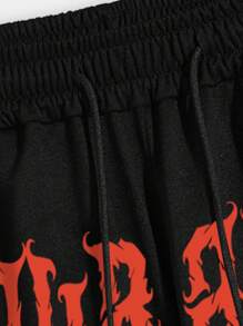 ROMWE MEN Guys Slogan Graphic Drawstring Waist Shorts - Black - View 5