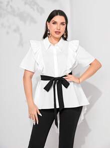 Mulvari 大碼荷葉邊高低下擺腰帶襯衫和褲子 - 黑與白 - 查看 5