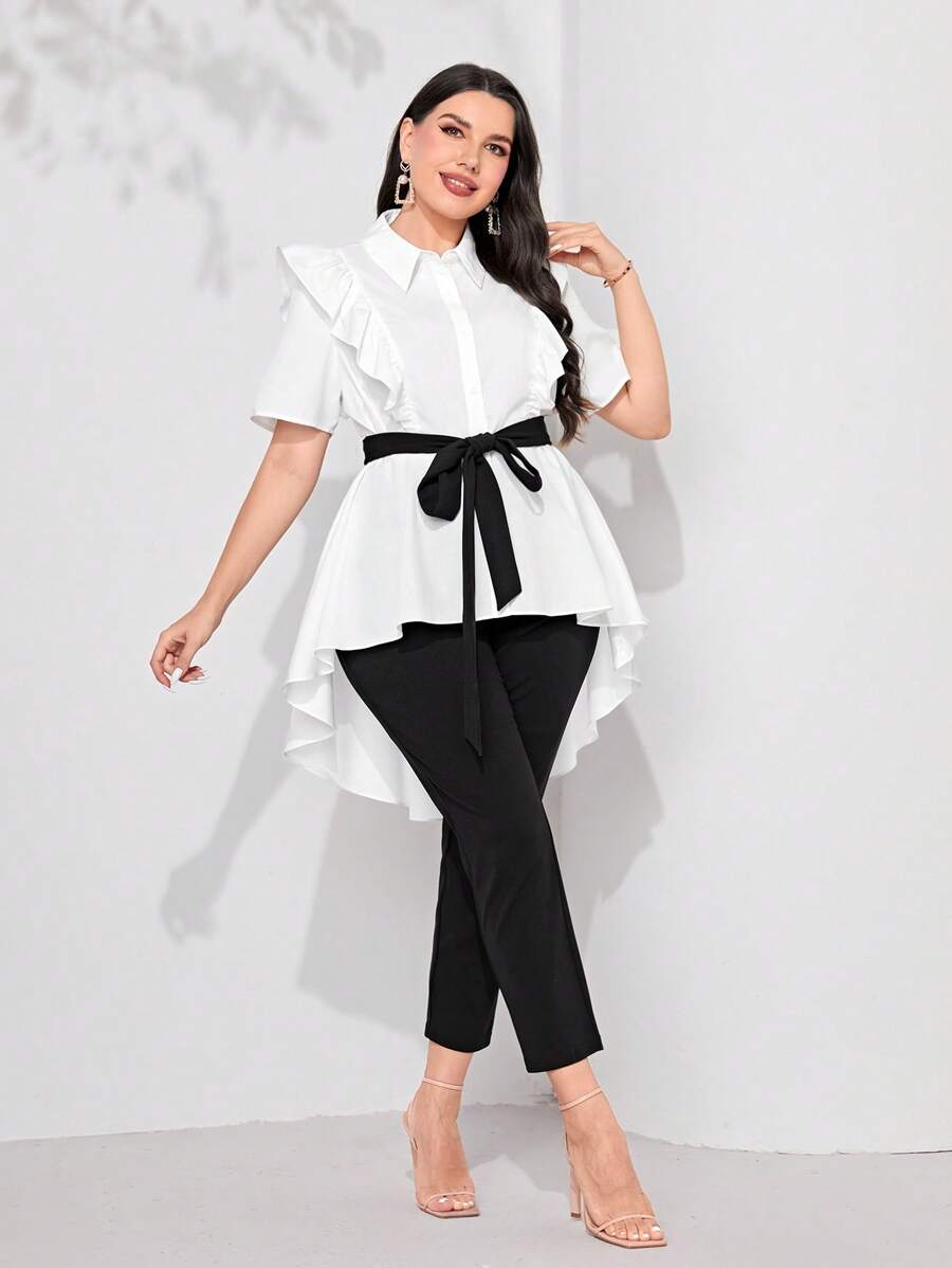 Mulvari 大碼荷葉邊高低下擺腰帶襯衫和褲子 - 黑與白 - 查看 1