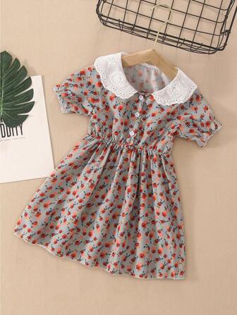 Toddler Girls Allover Floral Print Peter Pan Collar Puff Sleeve Dress
