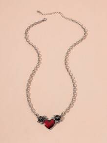 1入組朋克哥特式風格復古黑色玫瑰和紅色心形吊墜項鍊 - 復古銀色 - 查看 3