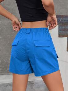 Quần đùi nữ Nút Túi Dây kéo màu trơn Giải trí - Màu xanh lam - Xem 2