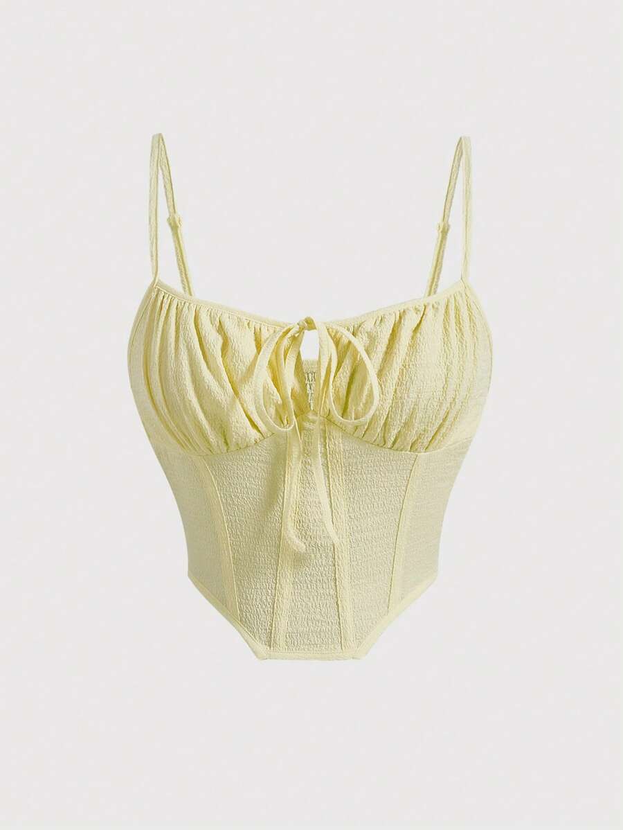 SHEIN MOD Áo khoác và áo lót dành cho xe tăng nữ Bất đối xứng Dải chun Thắt nơ trước Nếp gấp Phần Ngực màu trơn Boho - Màu vàng - Xem 1