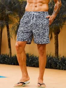 Manfinity Men Zebra Striped Drawstring Waist Swim Trunks - Black and White - View 6