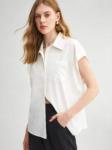 BizChic Bông Chất rắn Nút phía trước Áo sơ mi Trang phục làm việc - trắng - Xem 2