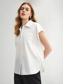 BizChic Bông Chất rắn Nút phía trước Áo sơ mi Trang phục làm việc - trắng - Xem 5