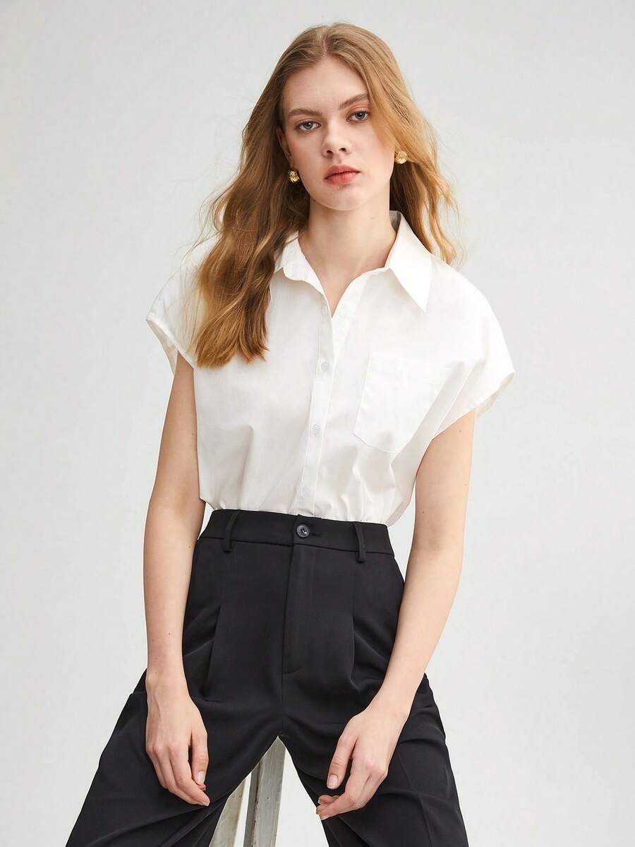 BizChic Bông Chất rắn Nút phía trước Áo sơ mi Trang phục làm việc - trắng - Xem 1