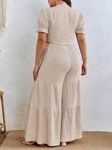 SHEIN VCAY Plus Knot Front Crop Top & Ruffle Hem Wide Leg Trousers - Apricot - View 2