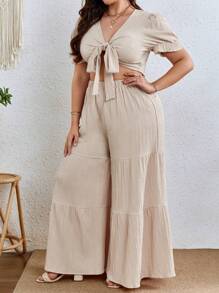 SHEIN VCAY Plus Knot Front Crop Top & Ruffle Hem Wide Leg Trousers - Apricot - View 3