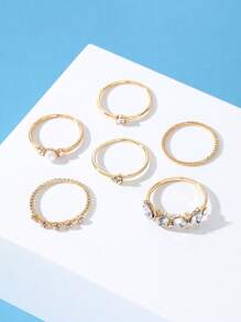 6pcs/Set Rhinestone & Faux Pearl Decor Ring - Yellow Gold - View 4