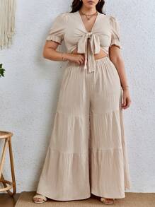 SHEIN VCAY Plus Knot Front Crop Top & Ruffle Hem Wide Leg Trousers - Apricot - View 5