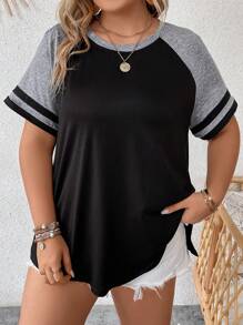 SHEIN LUNE Plus Colourblock Raglan Sleeve Striped Trim Tee - Black - View 1