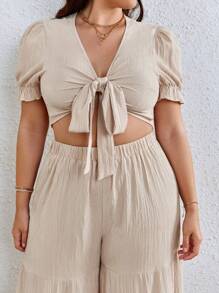 SHEIN VCAY Plus Knot Front Crop Top & Ruffle Hem Wide Leg Trousers - Apricot - View 6