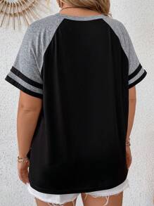 SHEIN LUNE Plus Colourblock Raglan Sleeve Striped Trim Tee - Black - View 2