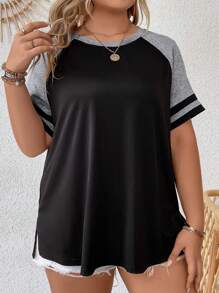 SHEIN LUNE Plus Colourblock Raglan Sleeve Striped Trim Tee - Black - View 3