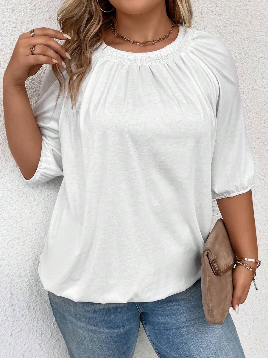 SHEIN LUNE Áo thun Plus size Xù màu trơn Giải trí - trắng - Xem 1