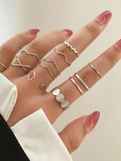 10pcs/set Fashionable Zinc Alloy Round Decor Ring For Women For Daily Decoration
