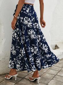 SHEIN VCAY 印花側打結圍裹下擺半身裙 - 藍白色 - 查看 2