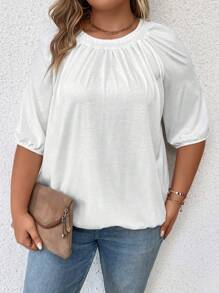 SHEIN LUNE Áo thun Plus size Xù màu trơn Giải trí - trắng - Xem 3