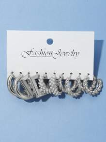 5對/套時尚鋅合金人造珍珠裝飾環形耳環,適用於女性日常裝飾 - 銀色 - 查看 2