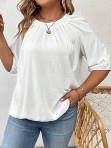 SHEIN LUNE Áo thun Plus size Xù màu trơn Giải trí - trắng - Xem 5