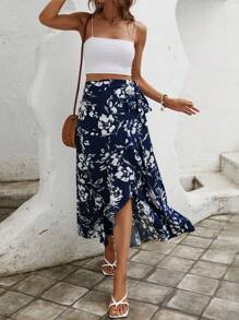 SHEIN VCAY 印花側打結圍裹下擺半身裙 - 藍白色 - 查看 5