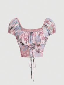 SHEIN MOD Áo thun nữ Ren lên Xù Nếp gấp Phần Ngực Hoa Giải trí - Nhiều màu - Xem 1