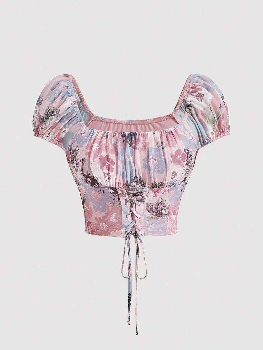 SHEIN MOD Áo thun nữ Ren lên Xù Nếp gấp Phần Ngực Hoa Giải trí - Nhiều màu - Xem 1