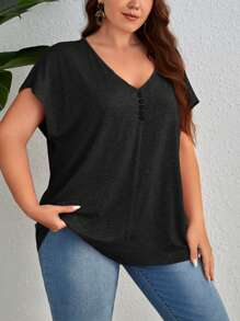 SHEIN Essnce Plus Button Front Batwing Sleeve Tee - Black - View 4