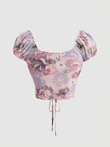 SHEIN MOD Áo thun nữ Ren lên Xù Nếp gấp Phần Ngực Hoa Giải trí - Nhiều màu - Xem 2