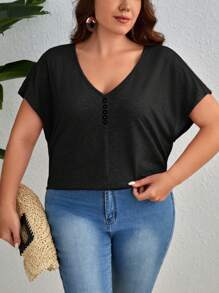 SHEIN Essnce Plus Button Front Batwing Sleeve Tee - Black - View 5