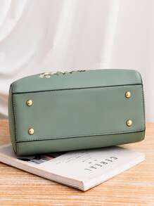 Medium Square Bag Flower Embroidery Double Handle Shoulder Bag, Elegant For Office & Work - Dark Green - View 4