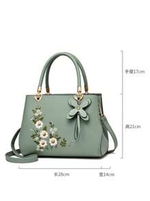 Medium Square Bag Flower Embroidery Double Handle Shoulder Bag, Elegant For Office & Work - Dark Green - View 5