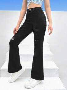 SHEIN Chicas adolescentes Jeans de pierna amplia desgarro - Negro - Ver 1