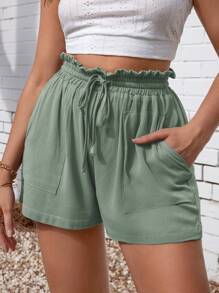SHEIN VCAY Paperbag Waist Drawstring Front Wide Leg Shorts - Mint Green - View 2