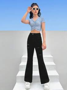 SHEIN Chicas adolescentes Jeans de pierna amplia desgarro - Negro - Ver 4