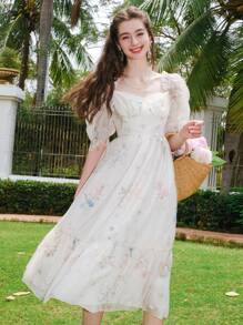 Floral Print Sweetheart Neck Puff Sleeve Ruffle Hem Dress - White - View 1