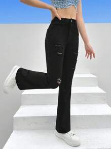 SHEIN Chicas adolescentes Jeans de pierna amplia desgarro - Negro - Ver 3