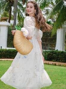 Floral Print Sweetheart Neck Puff Sleeve Ruffle Hem Dress - White - View 3