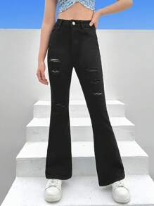 SHEIN Chicas adolescentes Jeans de pierna amplia desgarro - Negro - Ver 5