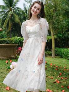 Floral Print Sweetheart Neck Puff Sleeve Ruffle Hem Dress - White - View 5