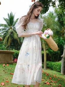 Floral Print Sweetheart Neck Puff Sleeve Ruffle Hem Dress - White - View 7