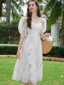 Floral Print Sweetheart Neck Puff Sleeve Ruffle Hem Dress - White - View 8