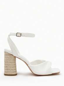 SheIn VCAY Xăng đan có dây đeo mắt cá chân Chunky tối giản dành cho nữ, Xăng đan cao gót mùa hè thanh lịch - trắng - Xem 1