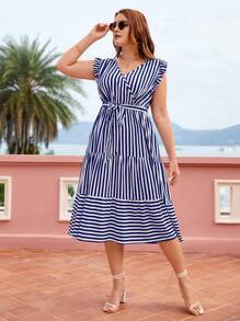 SHEIN VCAY Plus Striped Print Layered Hem Belted Dress - Blue and White - View 4