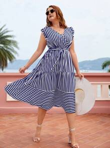 SHEIN VCAY Plus Striped Print Layered Hem Belted Dress - Blue and White - View 5