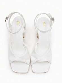 SheIn VCAY Xăng đan có dây đeo mắt cá chân Chunky tối giản dành cho nữ, Xăng đan cao gót mùa hè thanh lịch - trắng - Xem 3