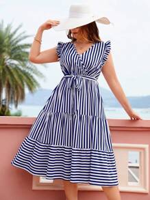 SHEIN VCAY Plus Striped Print Layered Hem Belted Dress - Blue and White - View 1