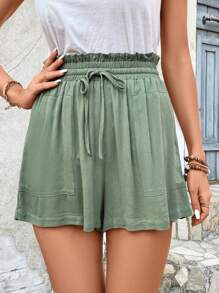 SHEIN VCAY Paperbag Waist Drawstring Front Wide Leg Shorts - Mint Green - View 7